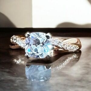 925 Sterling Silver Rose Gold CZ Engagement Ring 2CT Twisted Shank Size 8–9